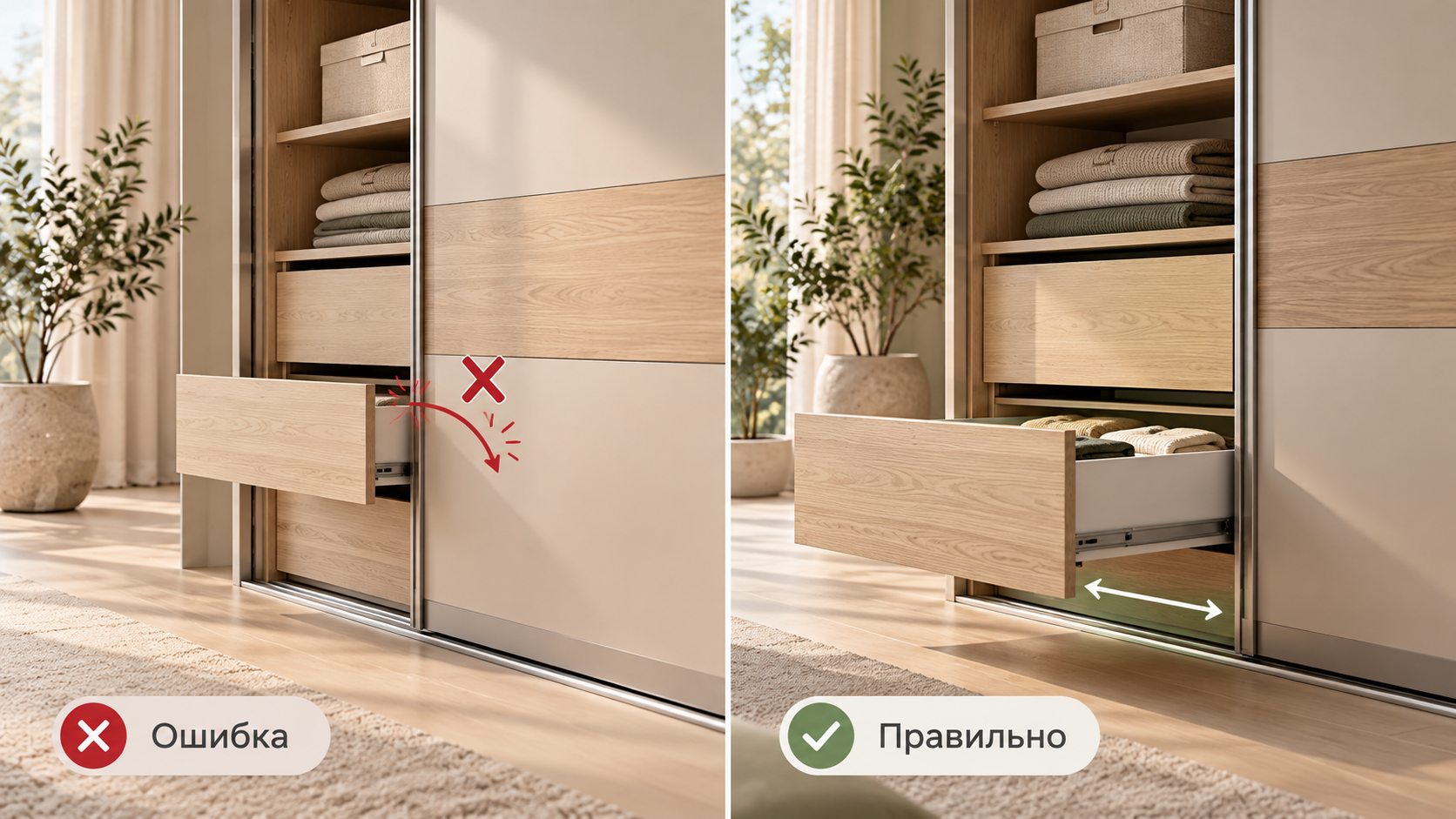 Расположение раздвижных дверей и выдвижных ящиков в шкафу-купе