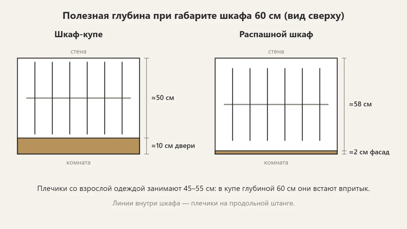 Полезная глубина шкафа-купе и распашного шкафа при габарите 60 см